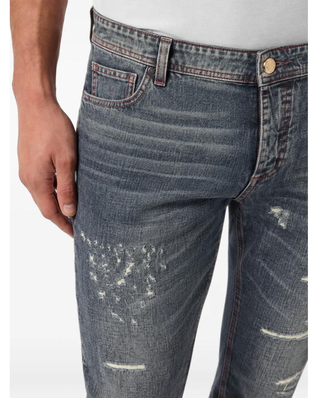 Philipp Plein Blue Super Straight Cut Distressed Jeans for men