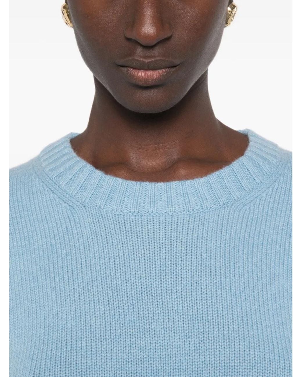 Allude Blue Ribbed-Knit Crew Neck Sweater