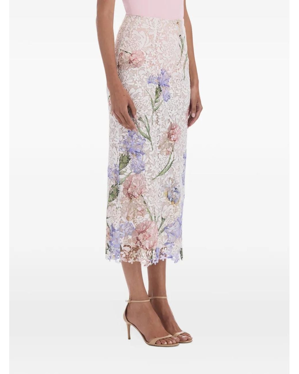 Oscar de la Renta White Iris-Print Lace Midi Pencil Skirt