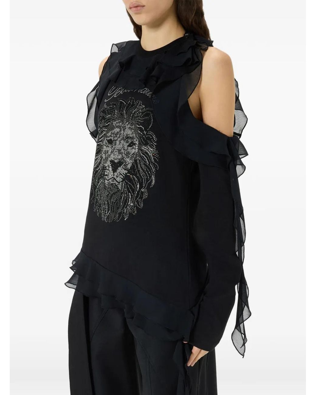 Blumarine Black Rhinestone-Embellished Ruffled T-Shirt