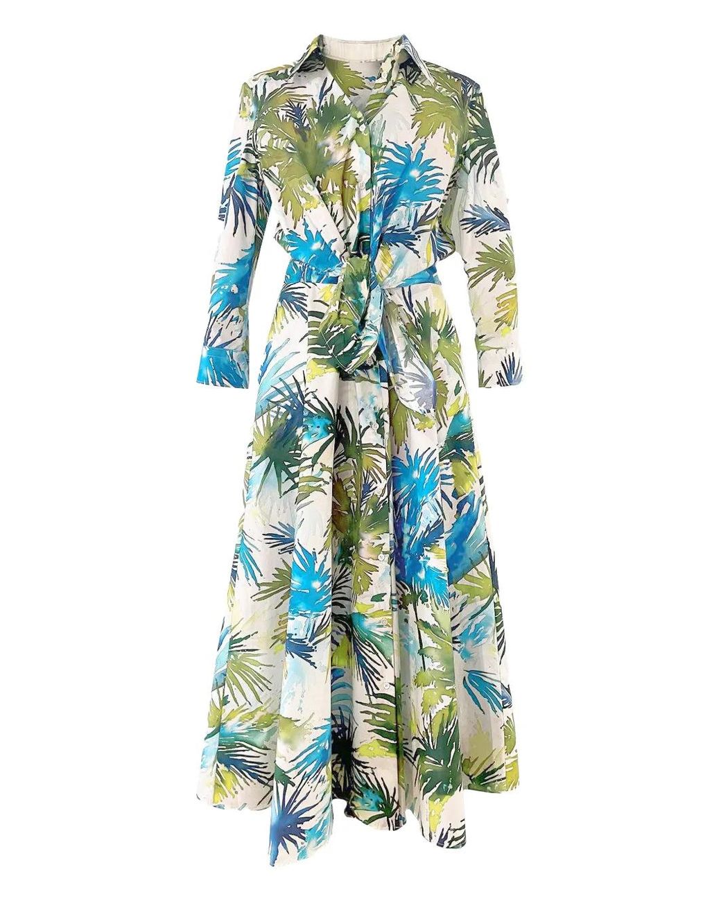 Sara Roka Dralla Palm-Print Belted Maxi Shirt Dress in Blue | Lyst UK