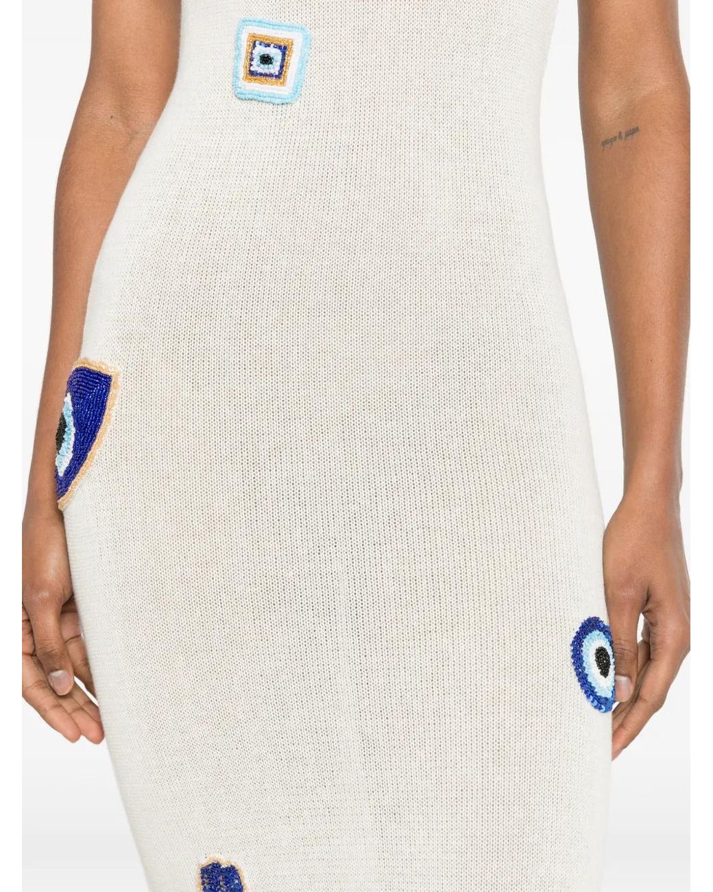 Leslie Amon White Bead-Embellished Knit Midi Dress