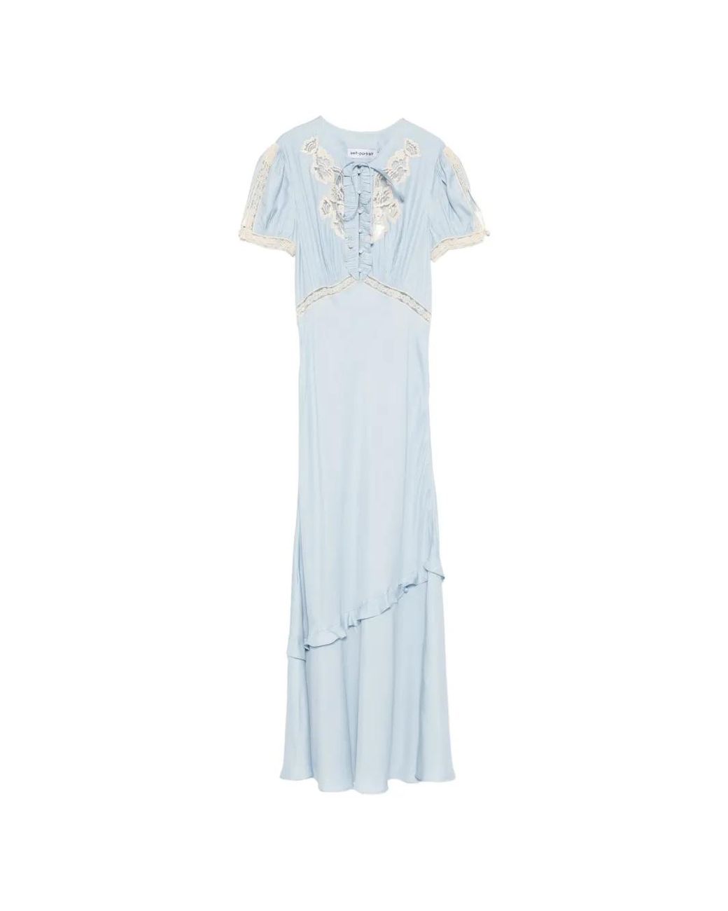 Self-Portrait Blue Lace Trim Ruffle Button-Front Maxi Dress