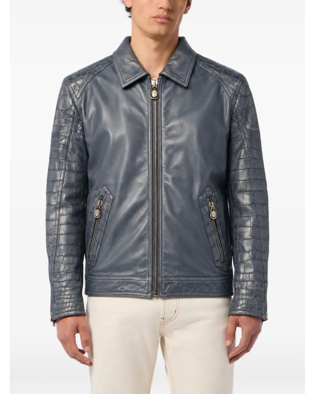 Billionaire Blue Crocodile-Effect Panelled Leather Jacket for men