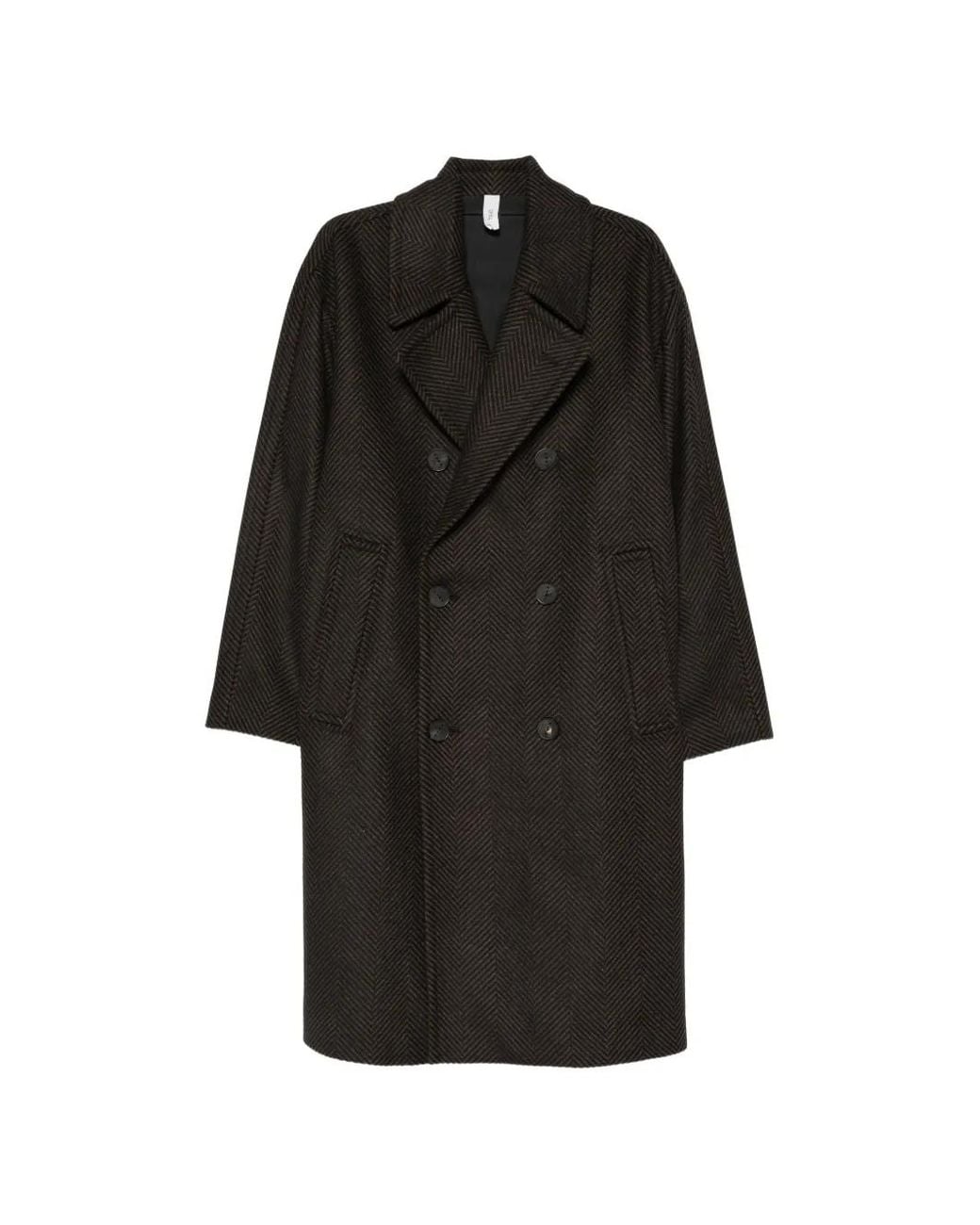 Hevò Black Herringbone Double-Breasted Coat for men