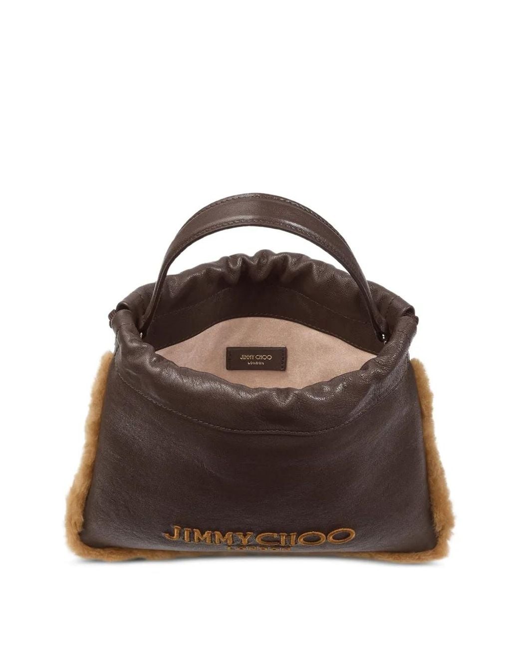 Jimmy Choo Brown Shearling-Trim Drawstring Bucket Bag