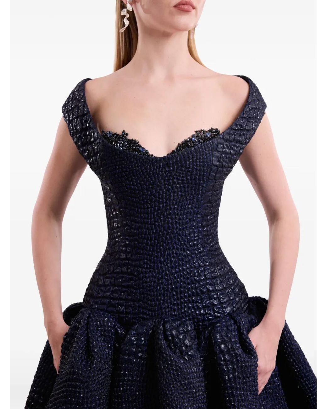 Gemy Maalouf Blue Off-Shoulder Sweetheart Dress