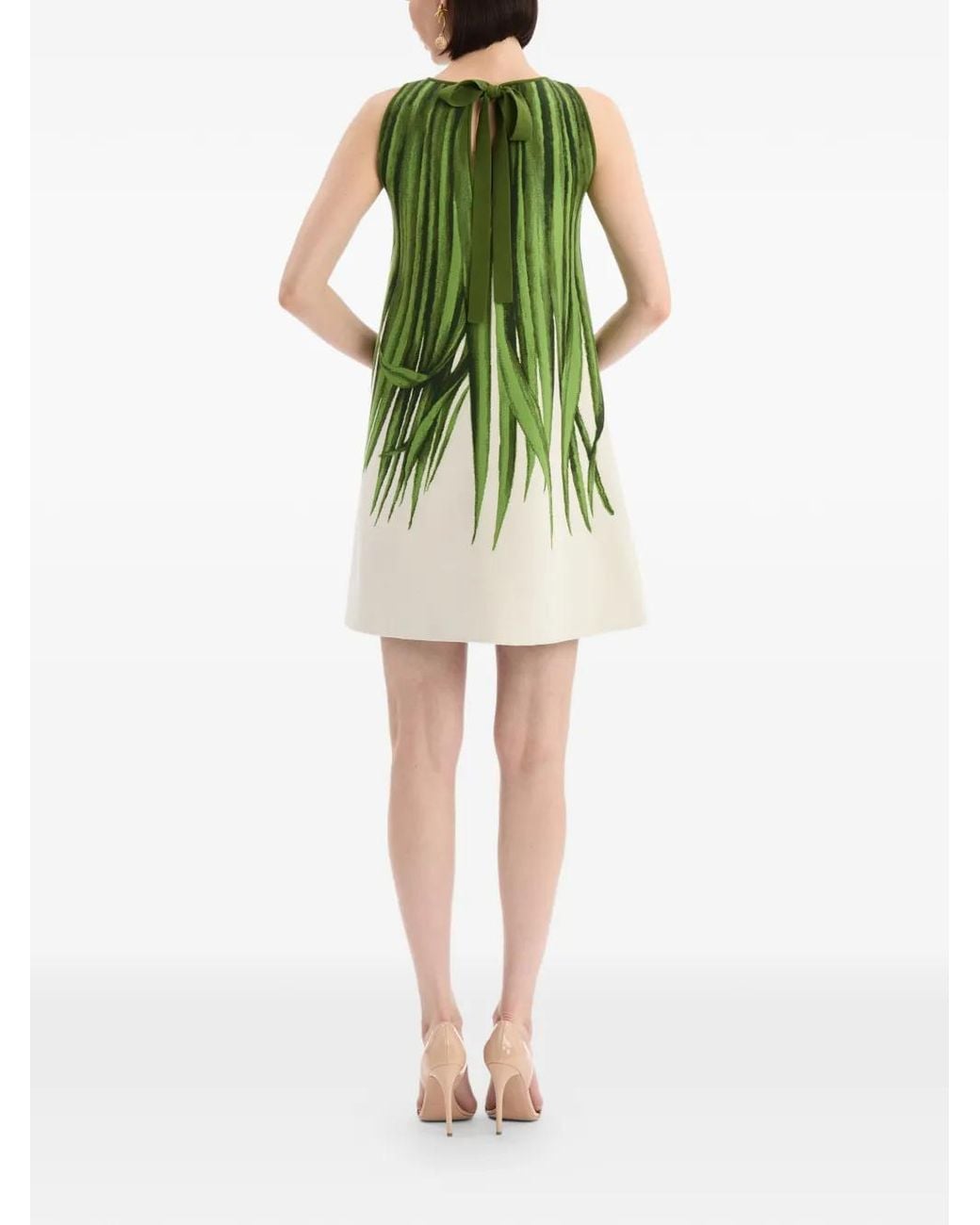 Oscar de la Renta Green Palm Leaves Jacquard Shift Dress