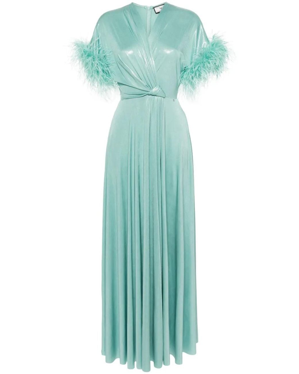 Nissa Green Feather-Trim Lurex Gown