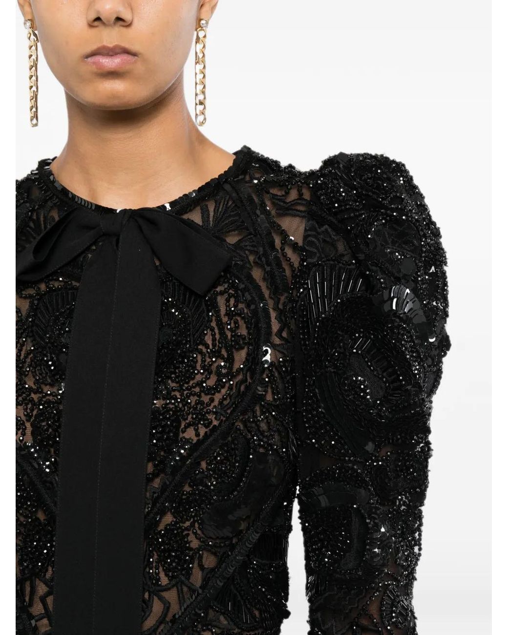 Elie Saab Black Beaded Juliet-Sleeve Jumpsuit