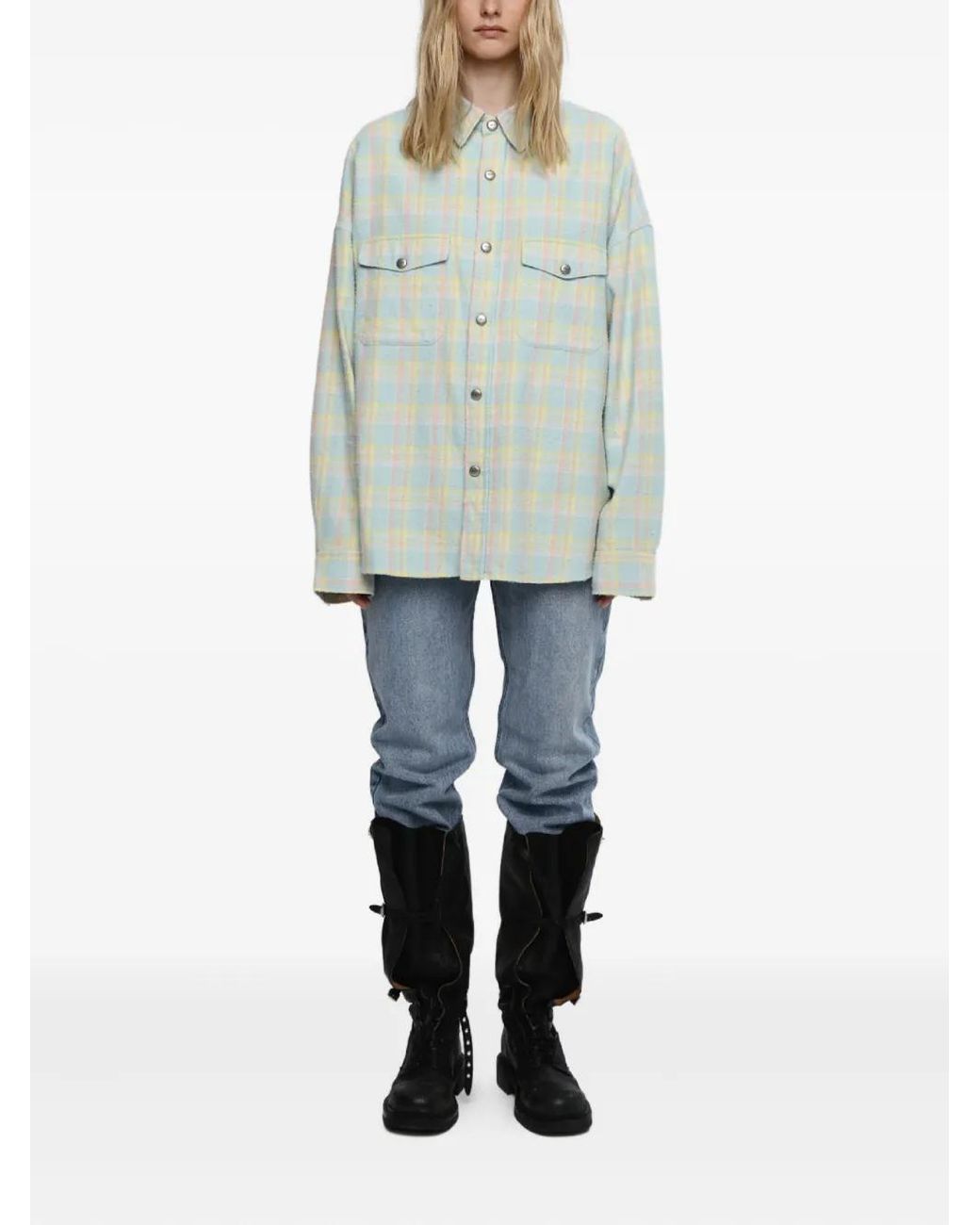Mainless White Flap Pockets Plaid Shirt