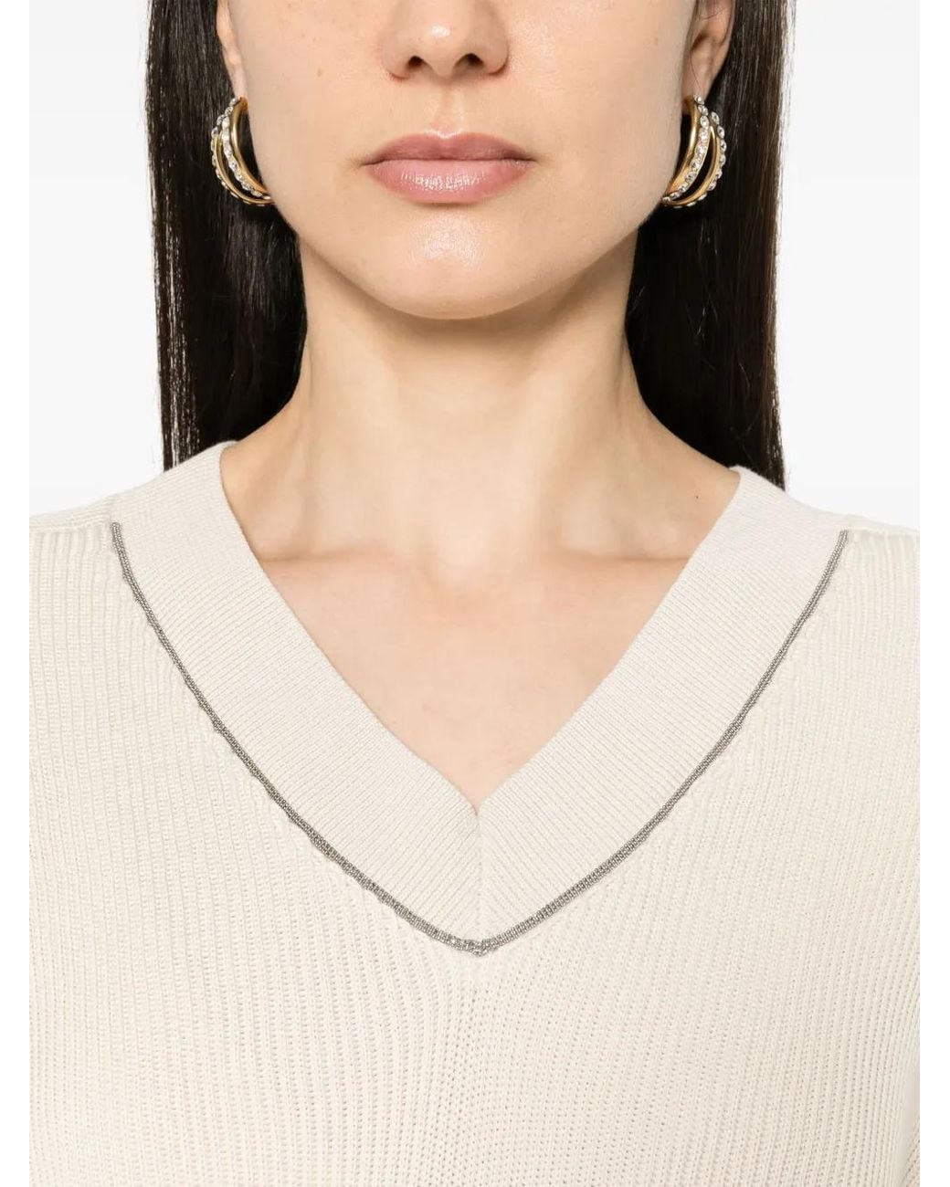 Brunello Cucinelli White Monili-Chain Ribbed Jumper