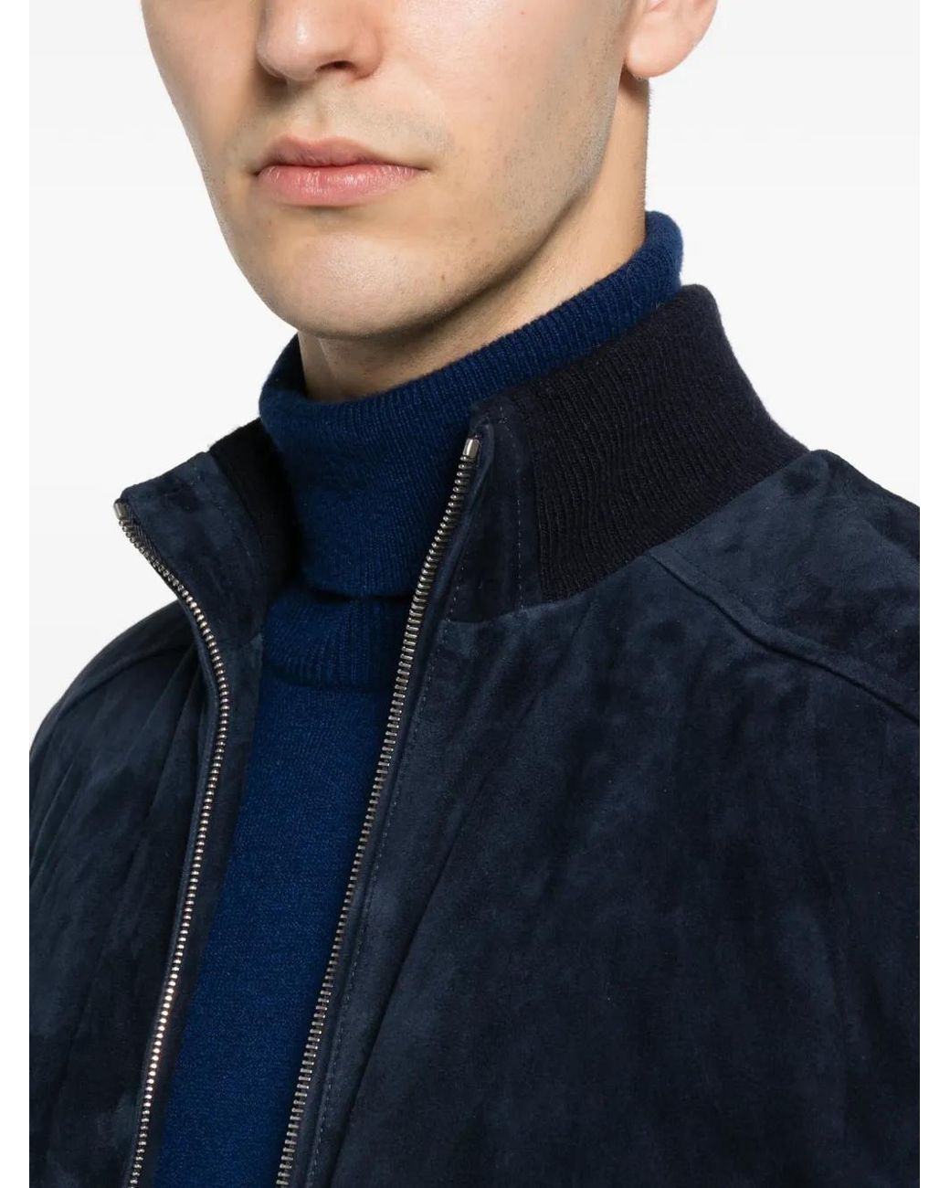 Eleventy Blue Suede-Panelled Ribbed-Knit Jacket for men