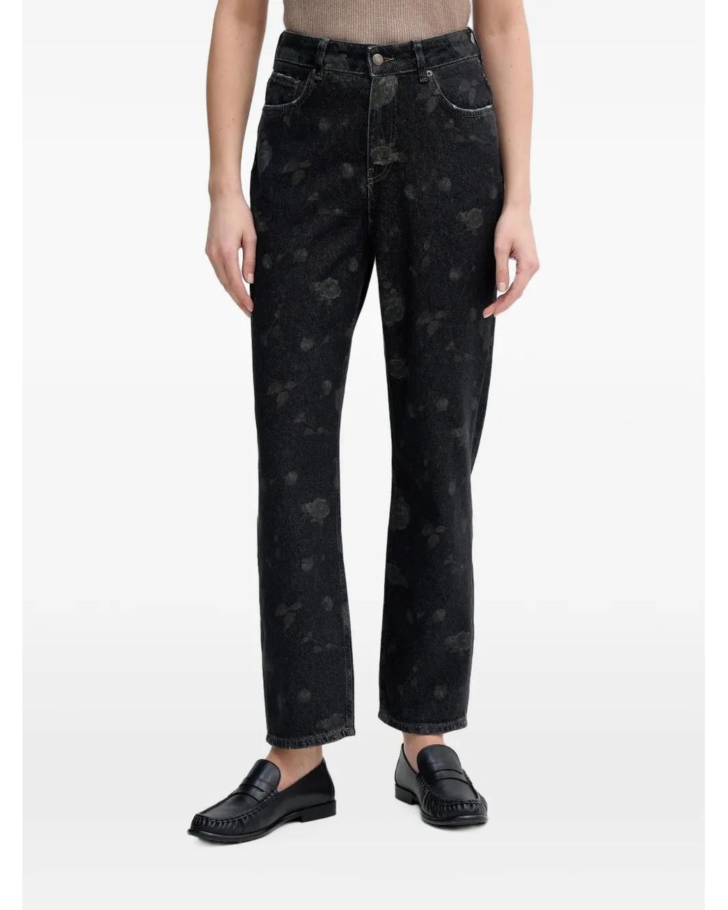 Sisley Black Floral-Print Straight-Leg Jeans