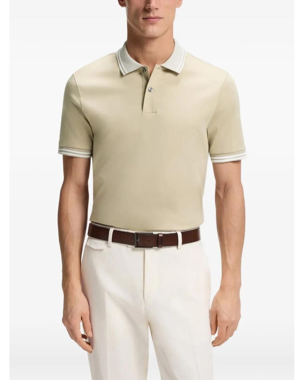 Boss Natural Stripe-Trim Slim-Fit Polo Shirt for men