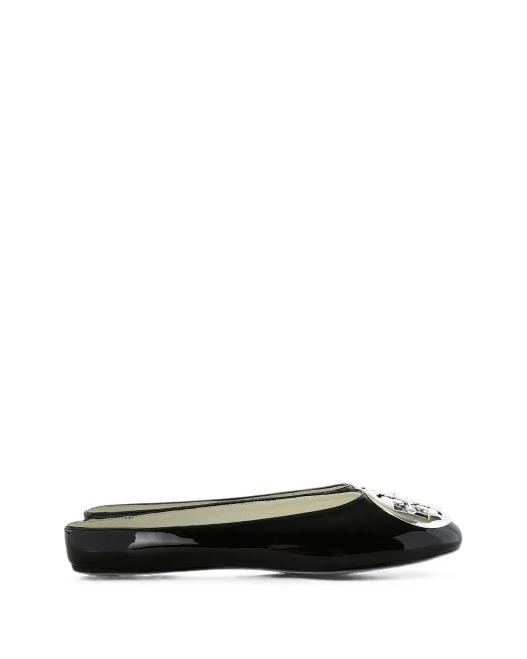 Tory Burch White Mules En Cuir Verni À Plaque Logo