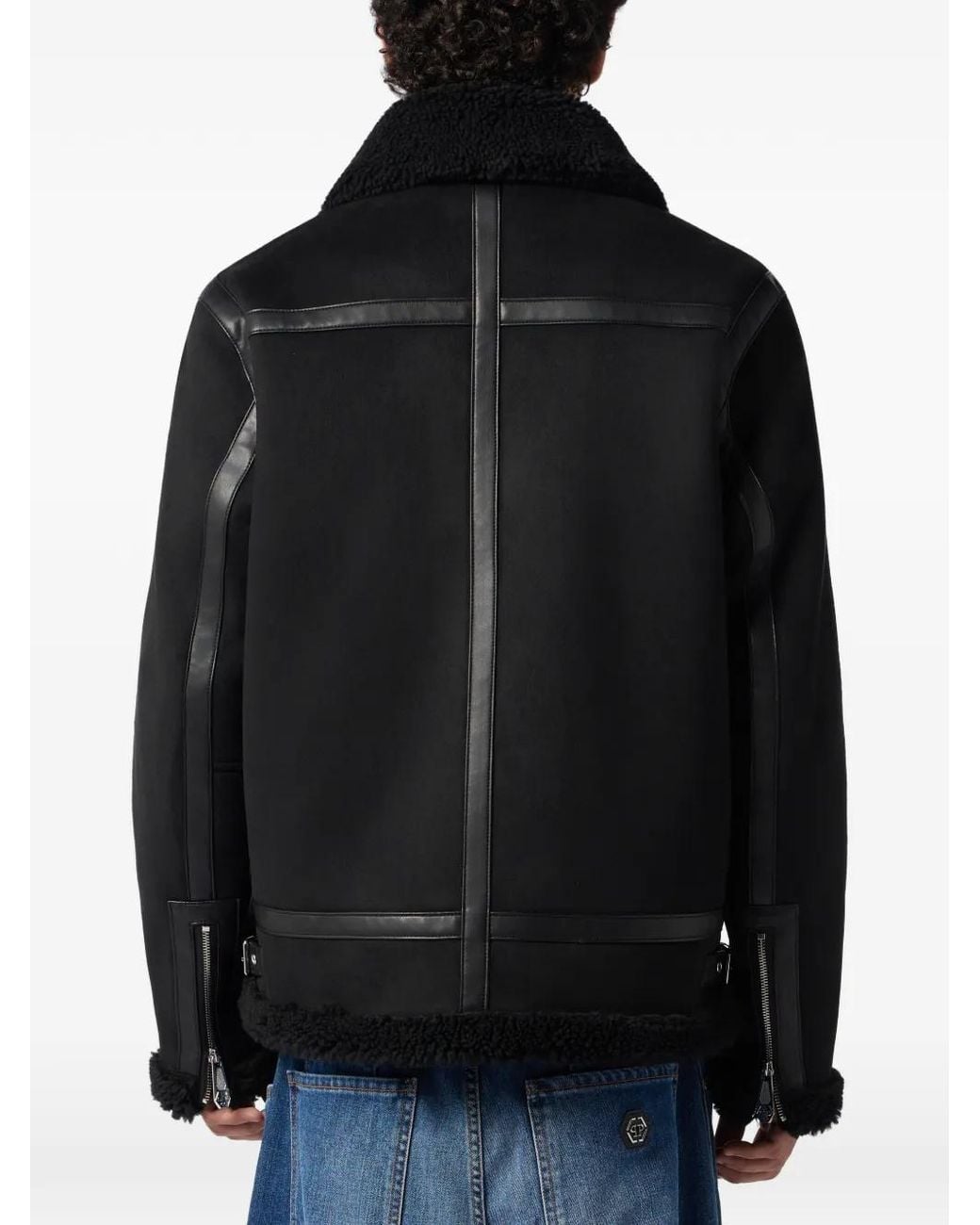 Philipp Plein Black Faux-Shearling Trimmed Jacket for men