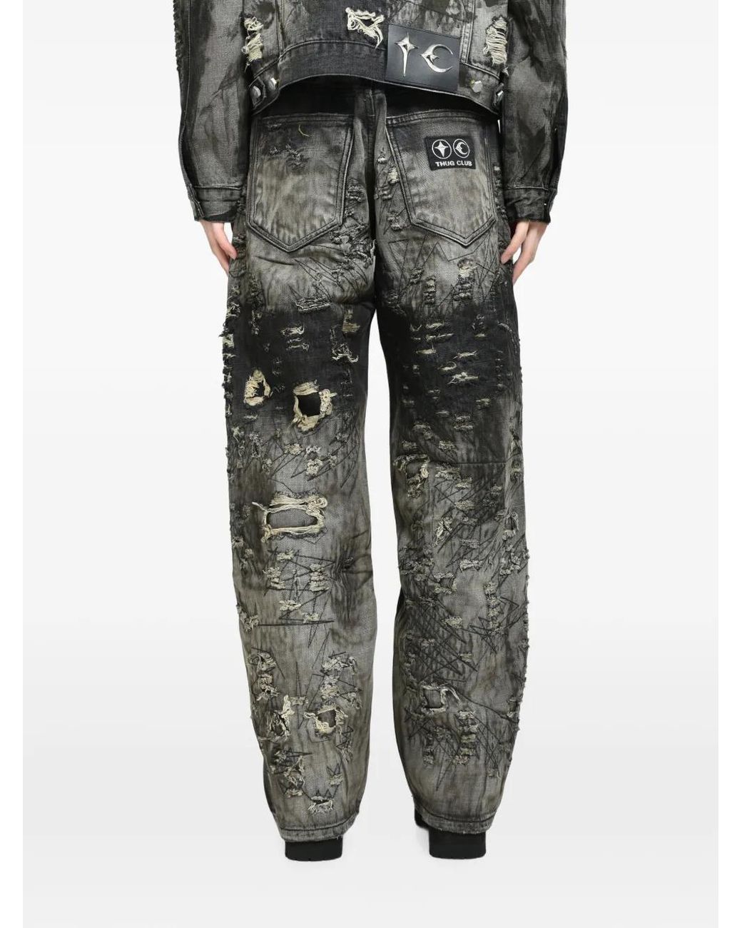 THUG CLUB Gray Hard-Washed Damaged Loose-Fit Jeans for men