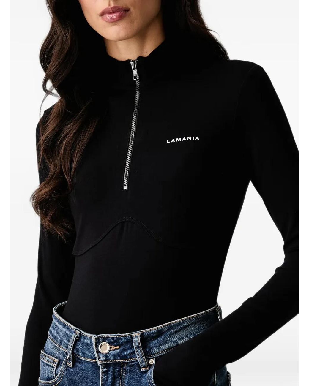 La Mania Black Aneli Logo-Print Half-Zip Bodysuit