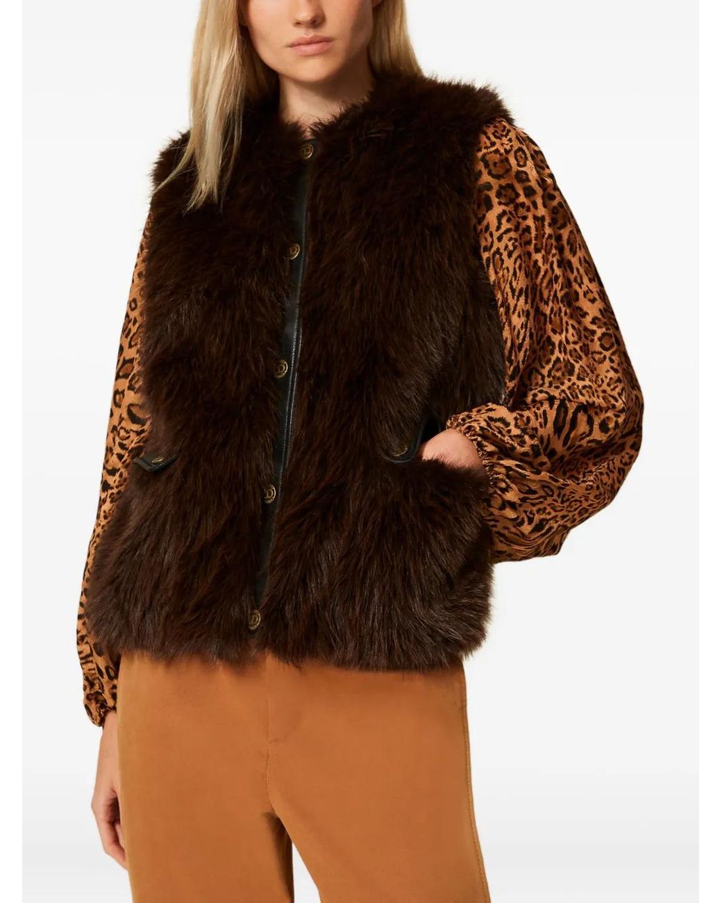 Twinset Brown Faux-Fur Buttoned Gilet