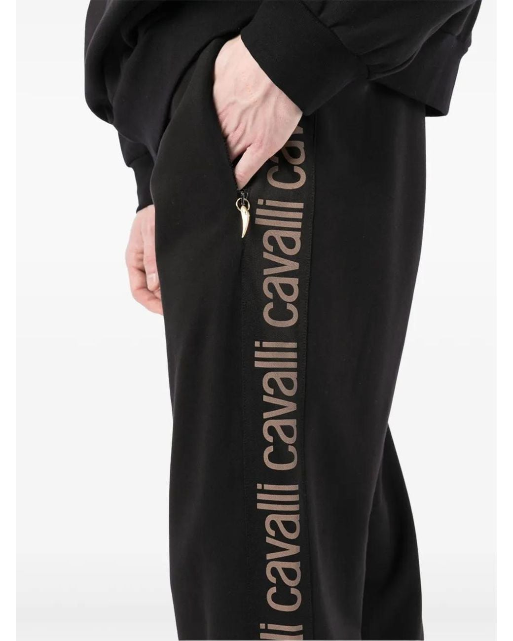 Roberto Cavalli Black Logo-Stripe Track Pants for men