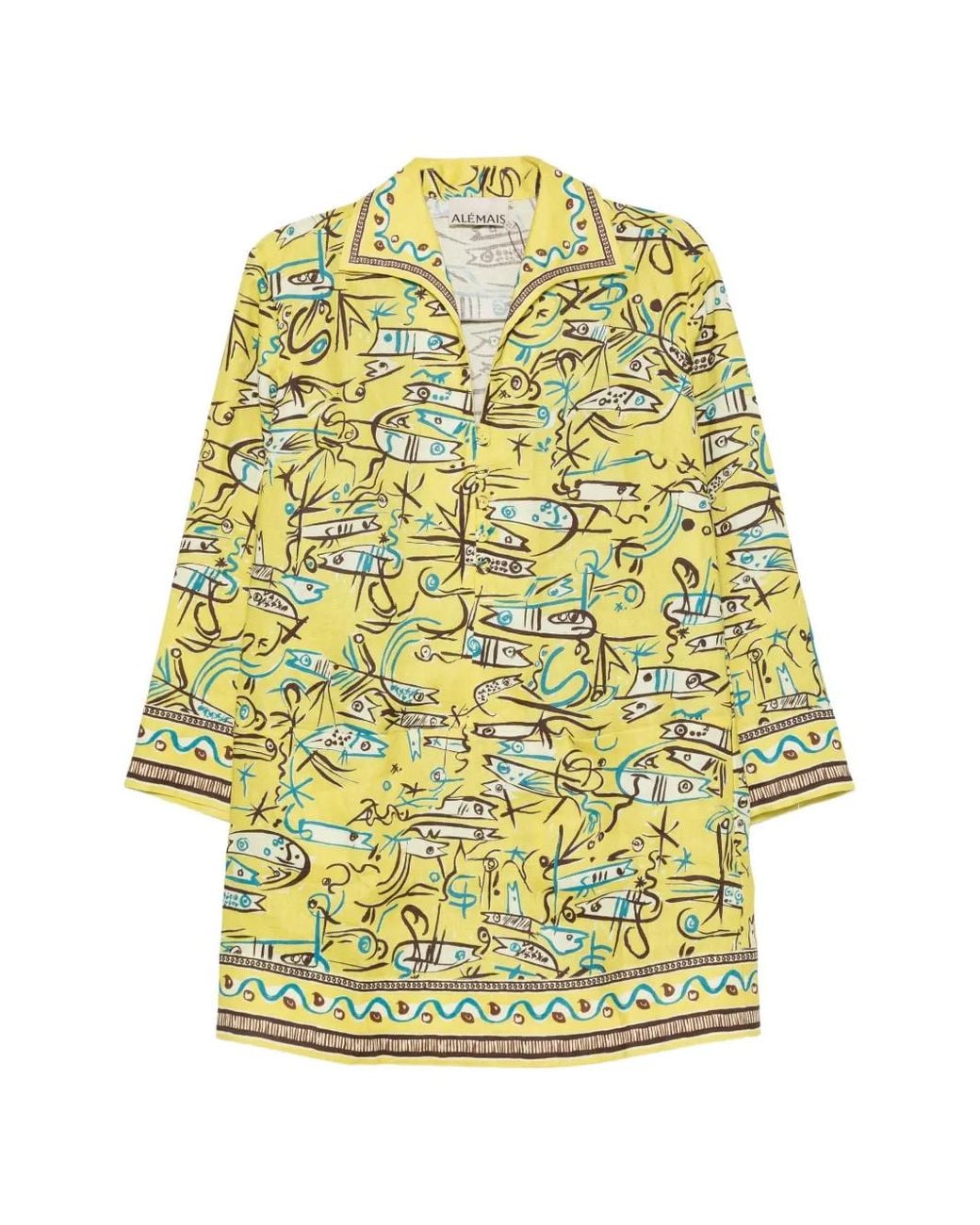 ALÉMAIS Yellow Graphic-Print Long-Sleeve Mini Dress