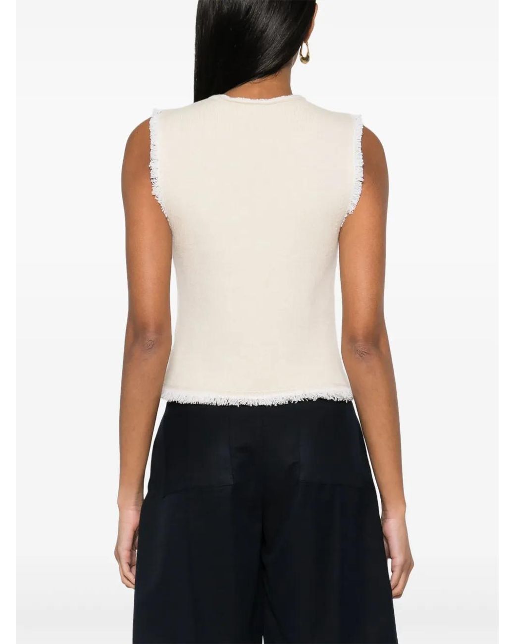 Barrie Natural Frayed-Detailing Knitted Top