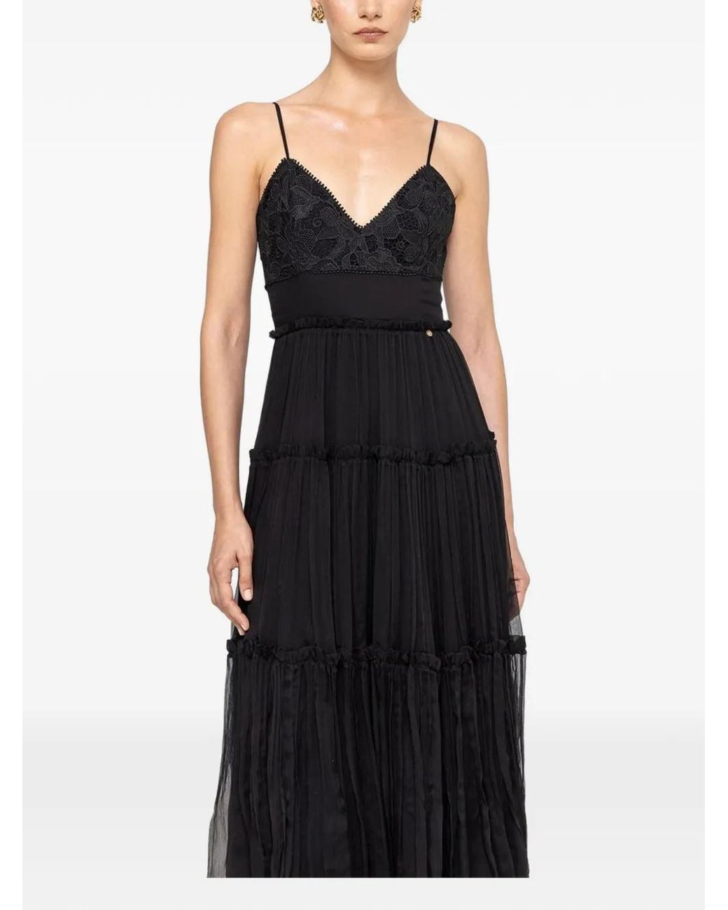Nissa Black Floral-Embroidered Silk Midi Dress
