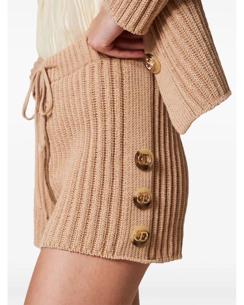 Twinset Natural Button-Detail Ribbed-Knit Shorts