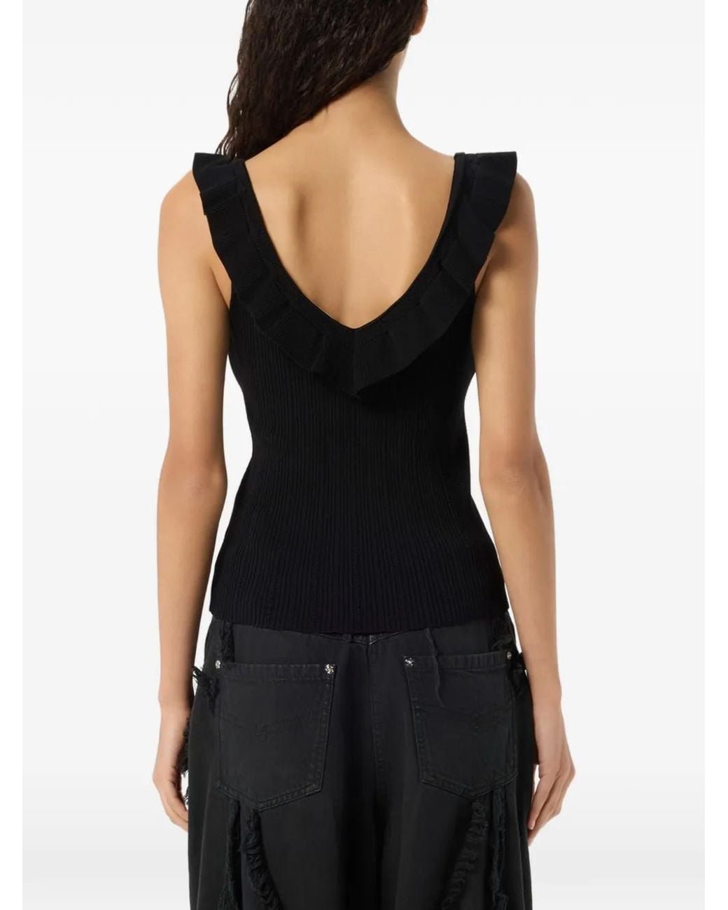 Blumarine Black Ruffled V-Neck Tank Top