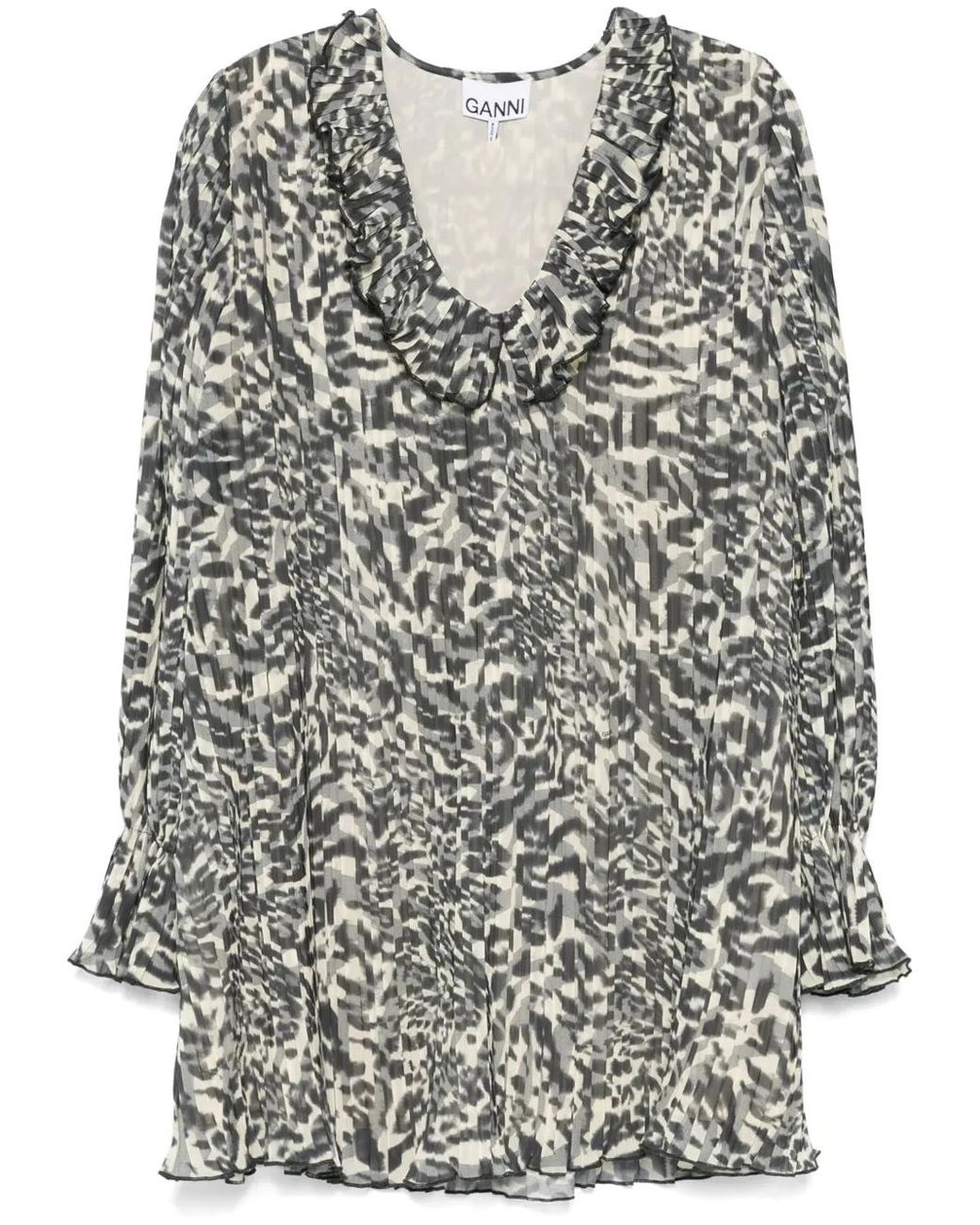 Ganni Gray Printed Pleated Mini Dress