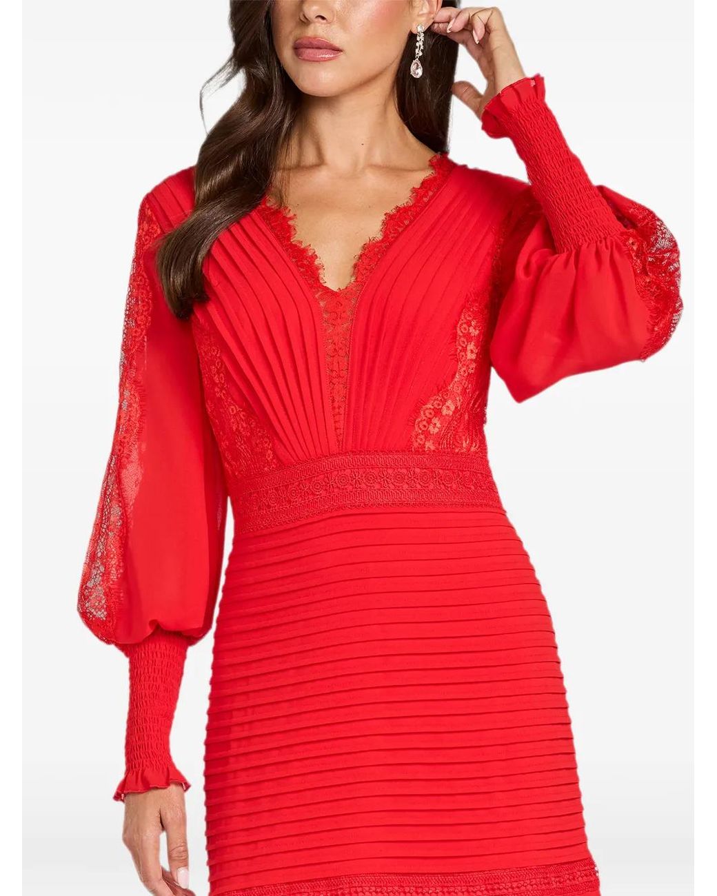 Tadashi Shoji Red Maxi Nyssa Bishop Lace-Panelled Pleated Midi Dress