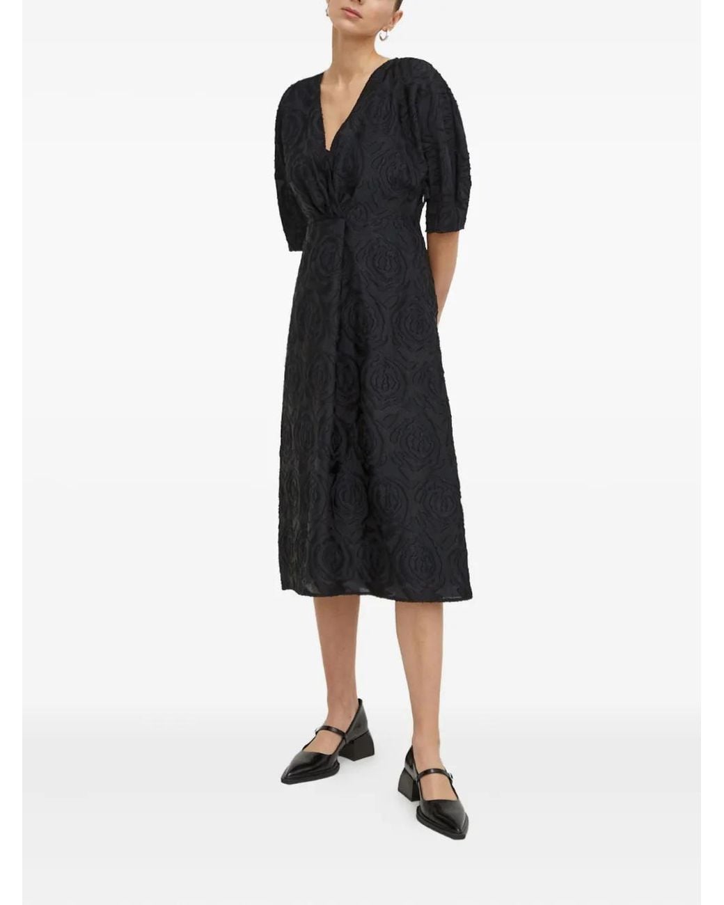 Day Birger et Mikkelsen Black V-Neck Floral-Pattern Midi Dress