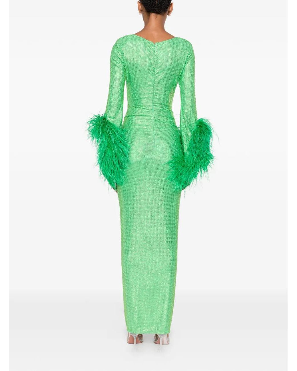 Miron Green Crystal-Embellished Feather-Trim Maxi Dress