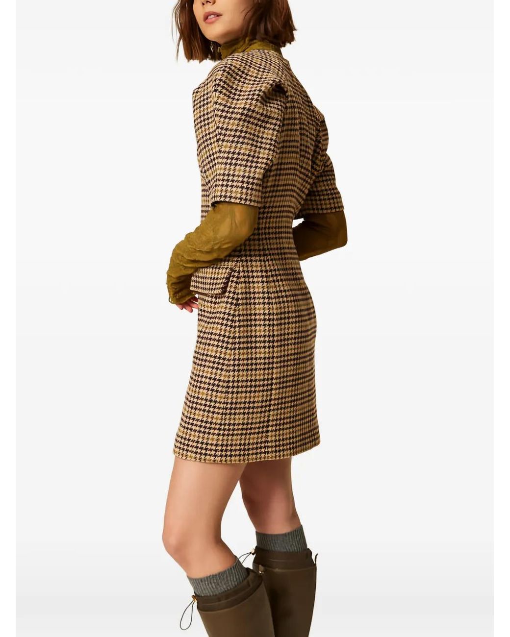 Twinset Brown Short Houndstooth Jacquard Dress