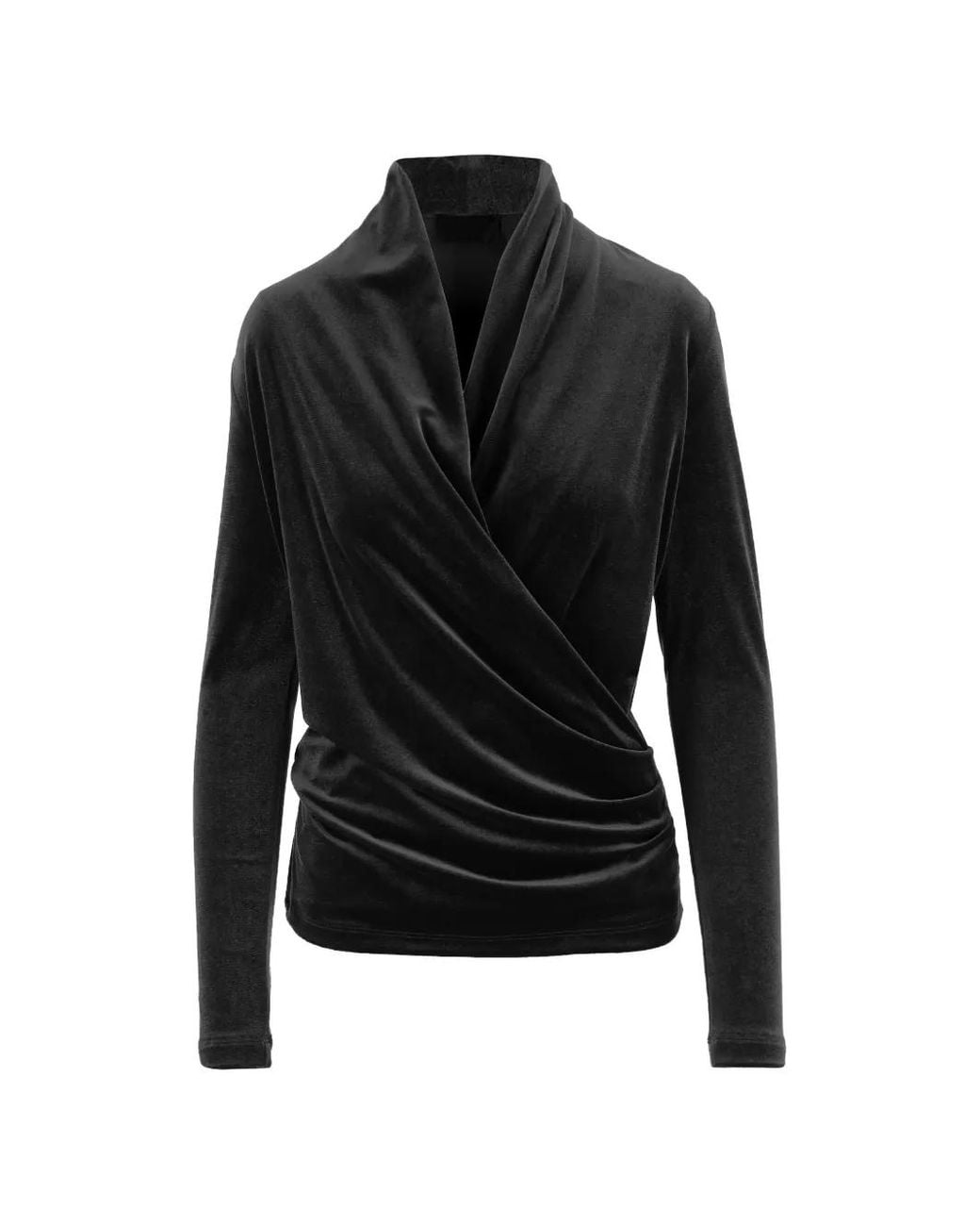 F.it Black Wrap-Style Long-Sleeved Draped Blouse