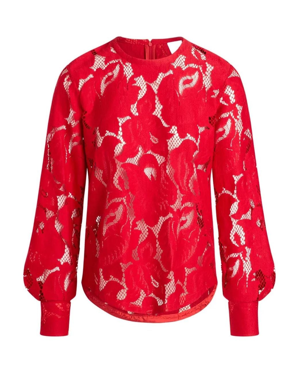 Patou Red Balloon-Sleeve Lace Top