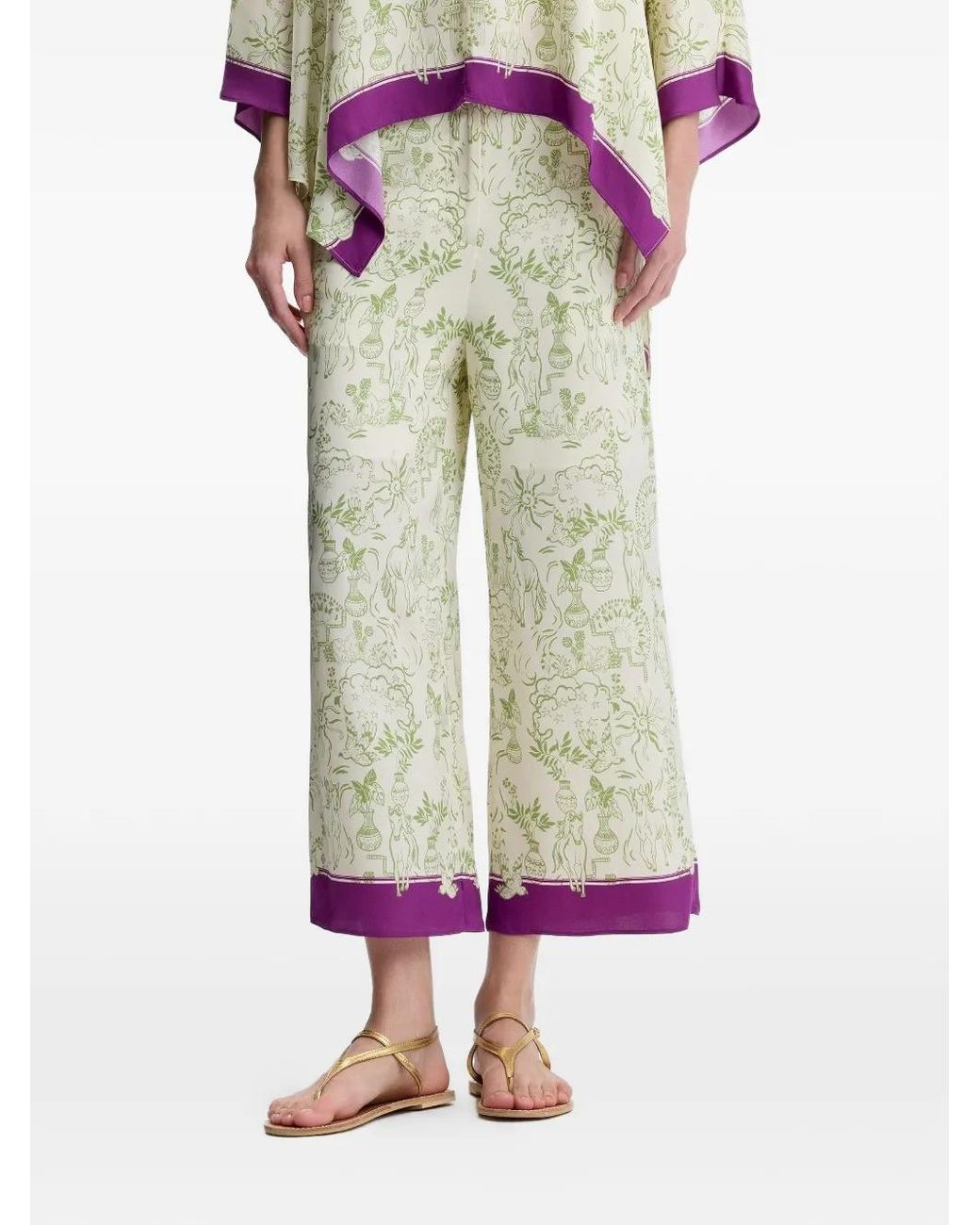 Shanghai Tang White Pantalon Palazzo Imprimé En Soie Mulberry