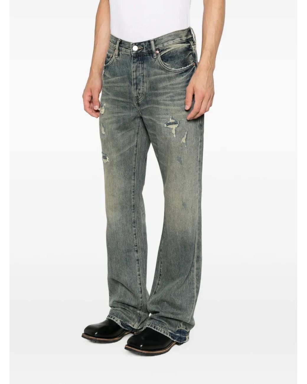 Purple Brand Gray Distressed Paisley-Patch Bootcut Jeans for men