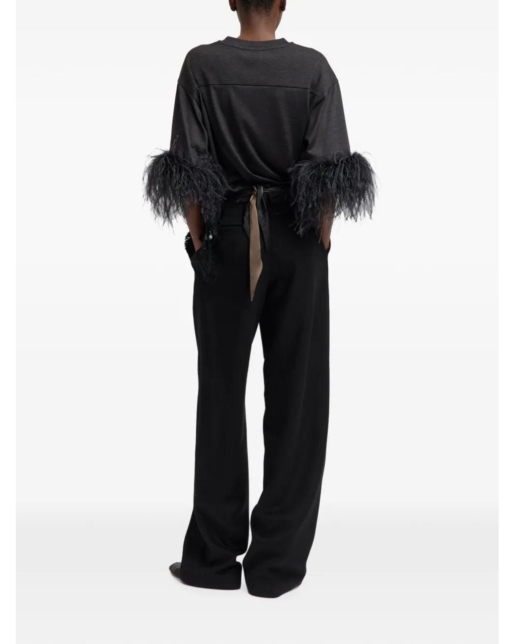 16Arlington Black Teodora Feather-Trim T-Shirt