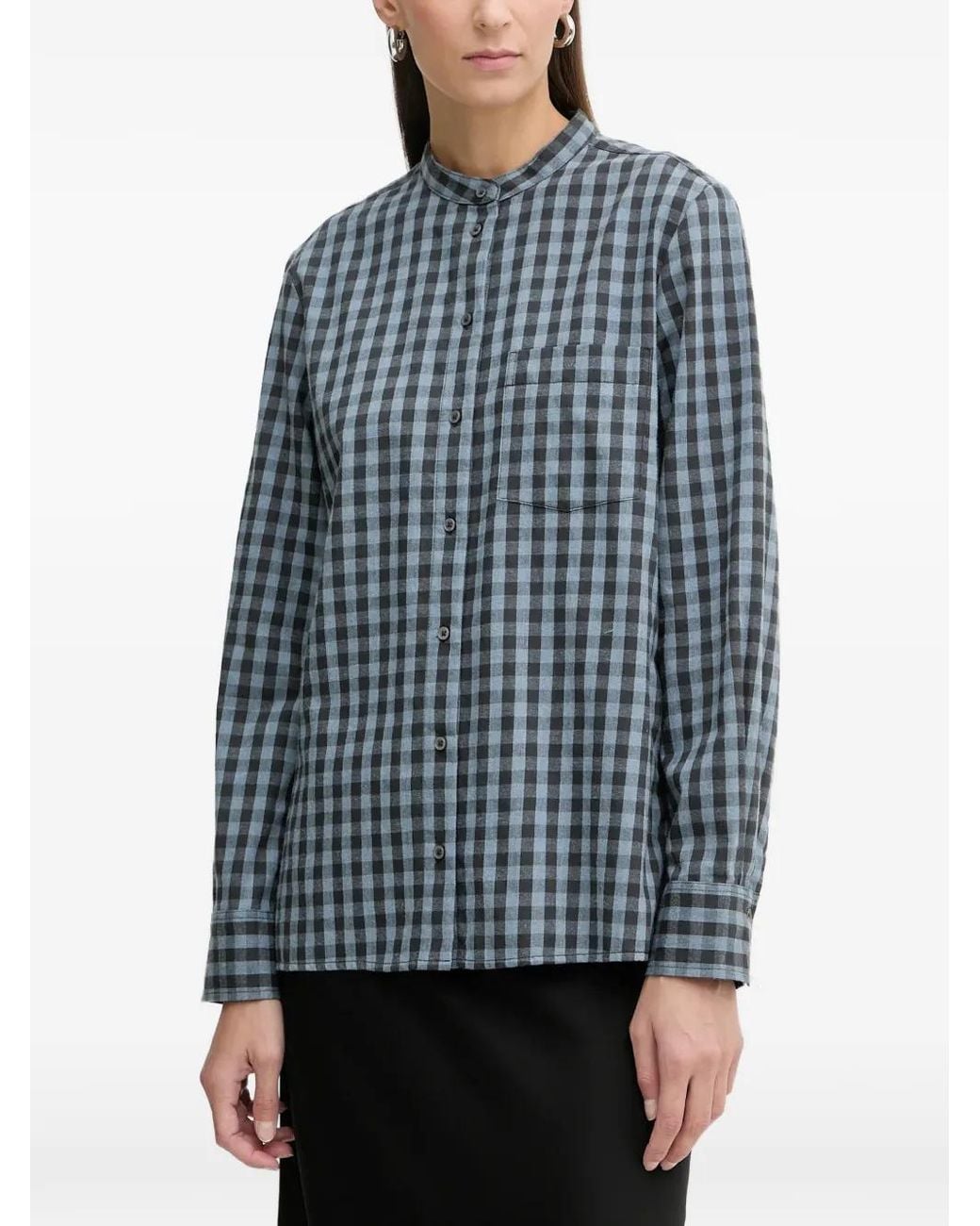 Marc O' Polo Blue Gingham-Check Band-Collar Shirt