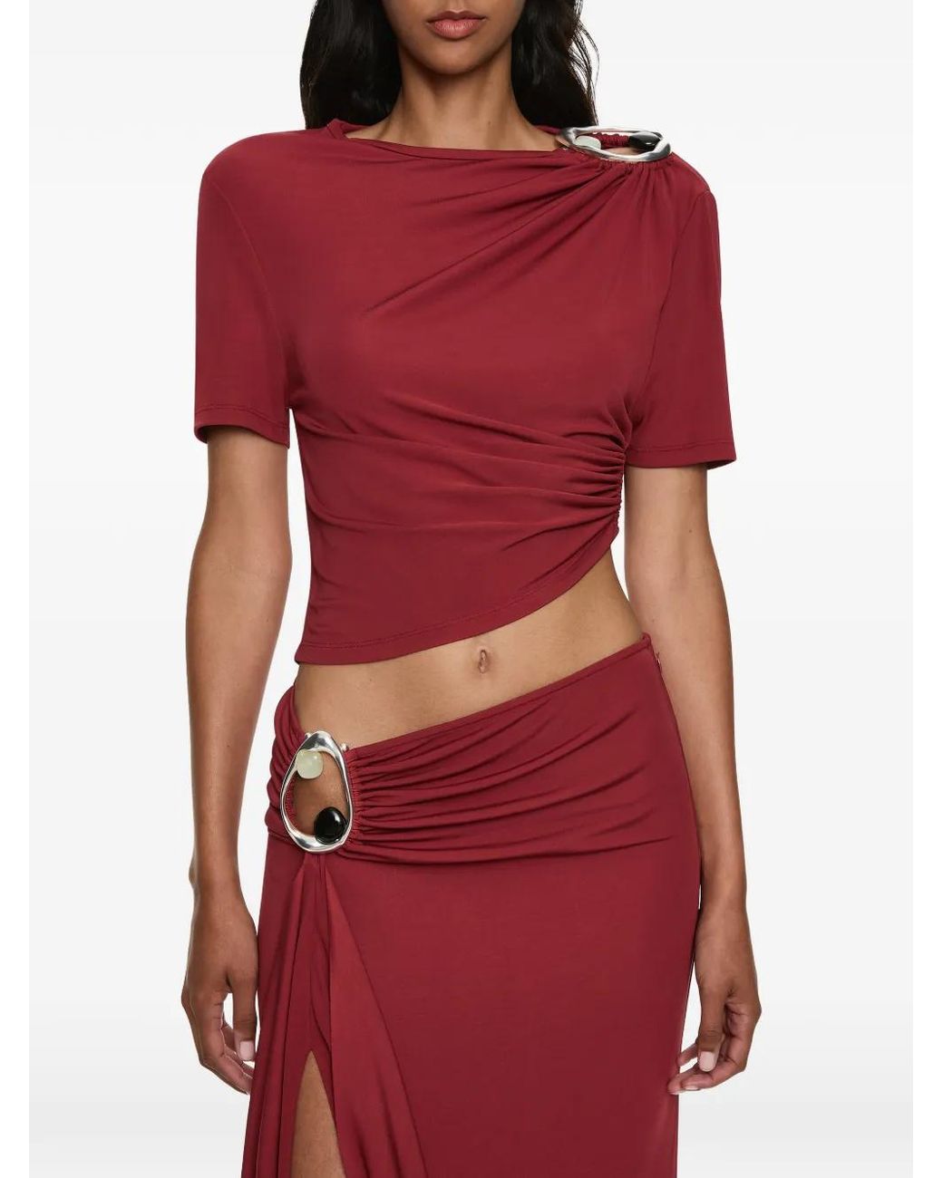 Christopher Esber Red Orica Crystal-Embellished Ruched Jersey T-Shirt