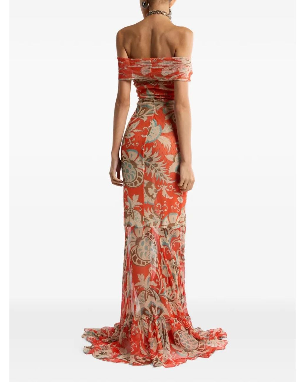 Etro White Long Tulle Dress With Open Shoulders And Floral Motif