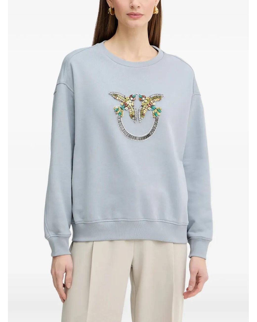 Pinko Blue Sweatshirt With Love Birds Jewel Maxi Embroidery