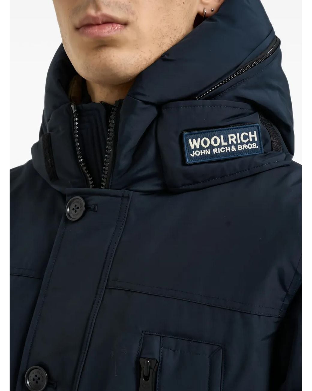 Woolrich Blue Hooded Logo-Patch Coat for men