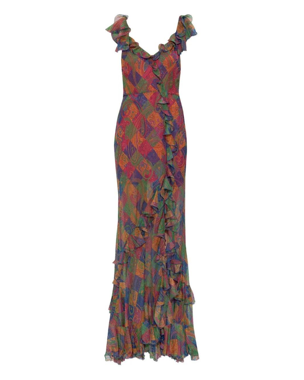 Etro Purple Silk Long Dress With Ruffles And Geometric Paisley Motif