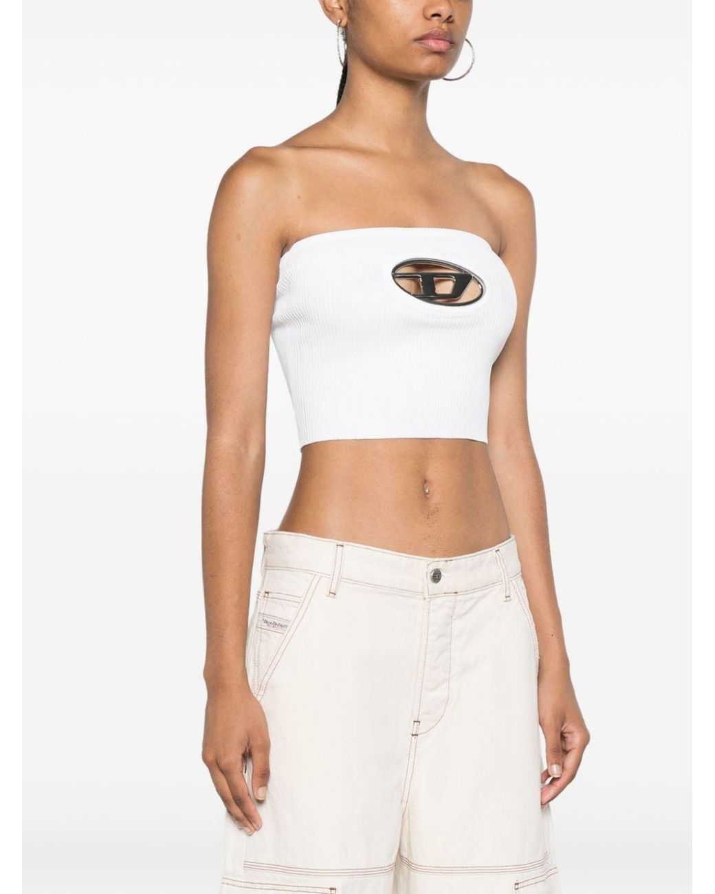 ■DIESEL■ M Clarksville Knit Top White A130190DLAX100 A1301 Women's Tube top with logo plaque | White | Diesel