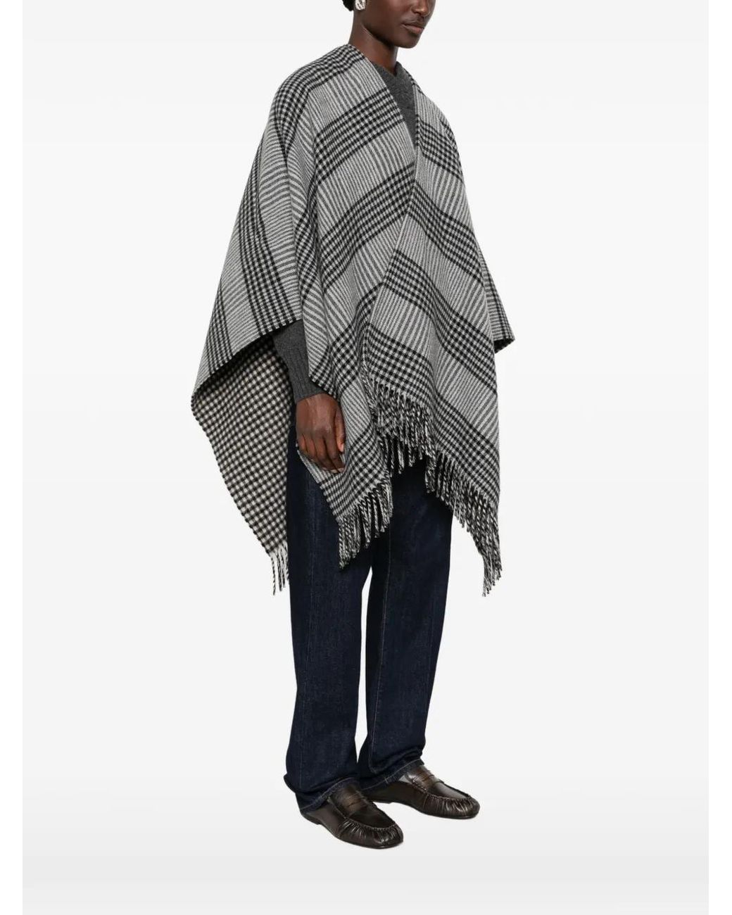 Woolrich Gray Check-Pattern Fringed Cape