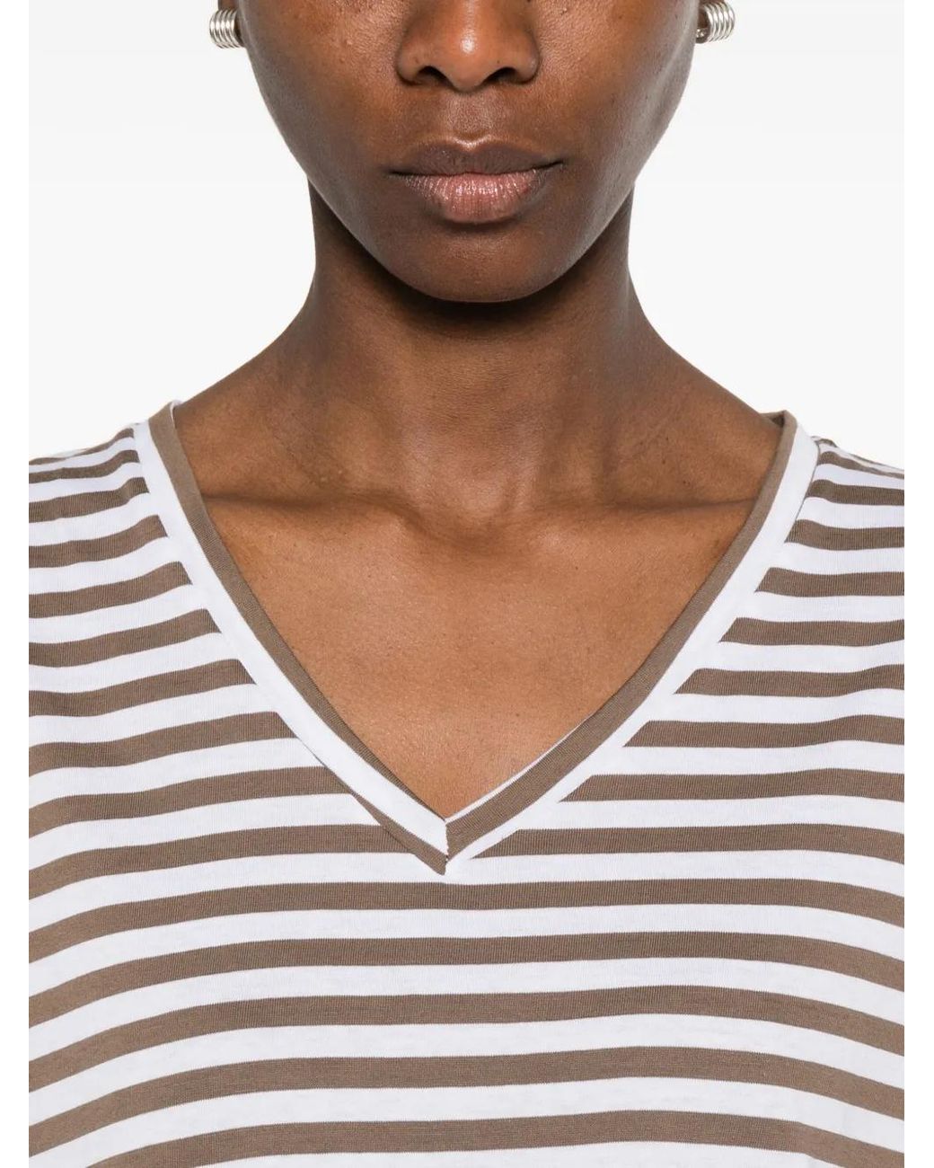 Aragona White Gestreiftes T-Shirt mit V-Ausschnitt