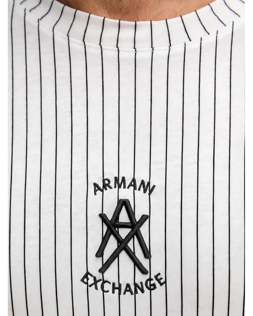 ARMANI EXCHANGE White Pinstriped Logo-Print T-Shirt for men
